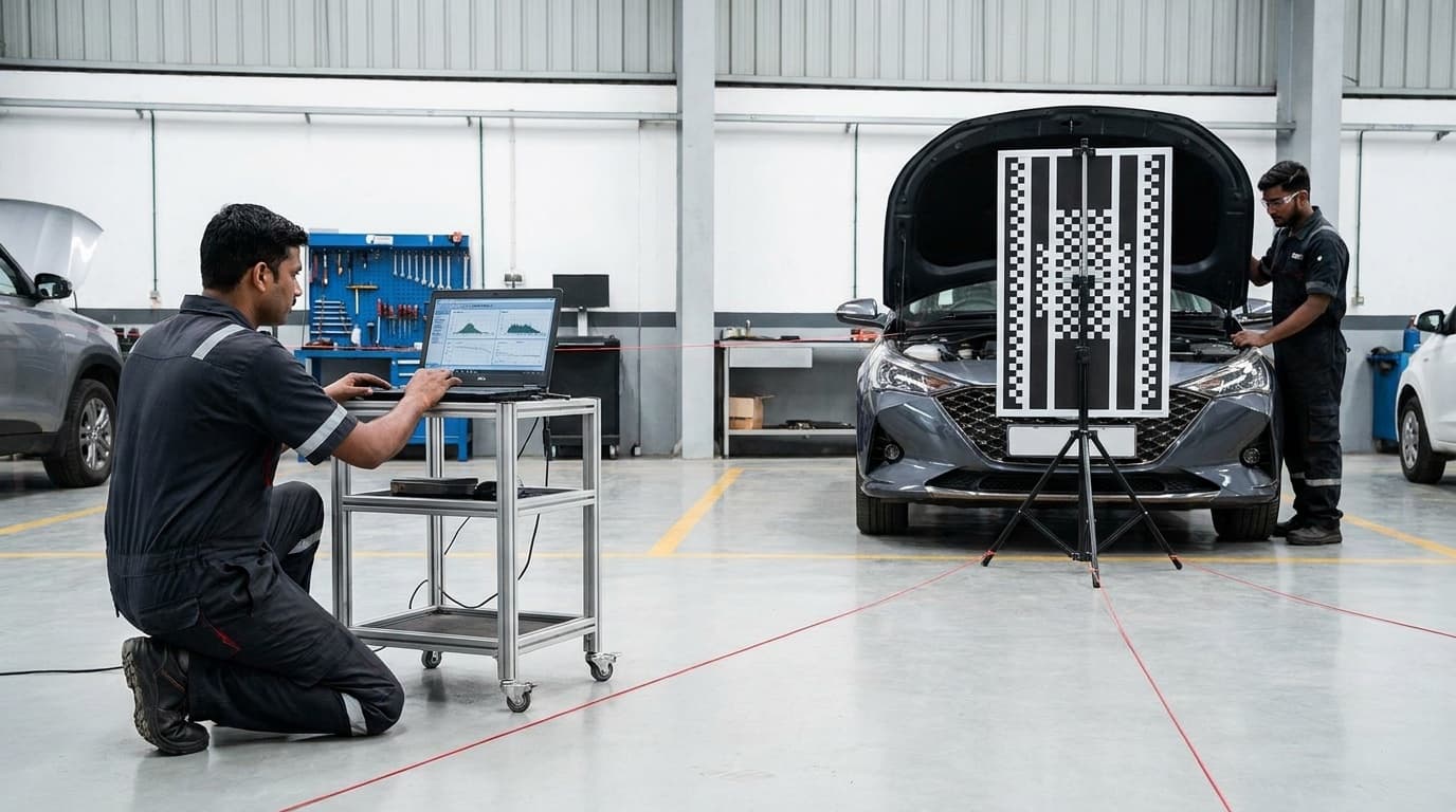 Technician calibrating a car's ADAS with a target board and laptop
