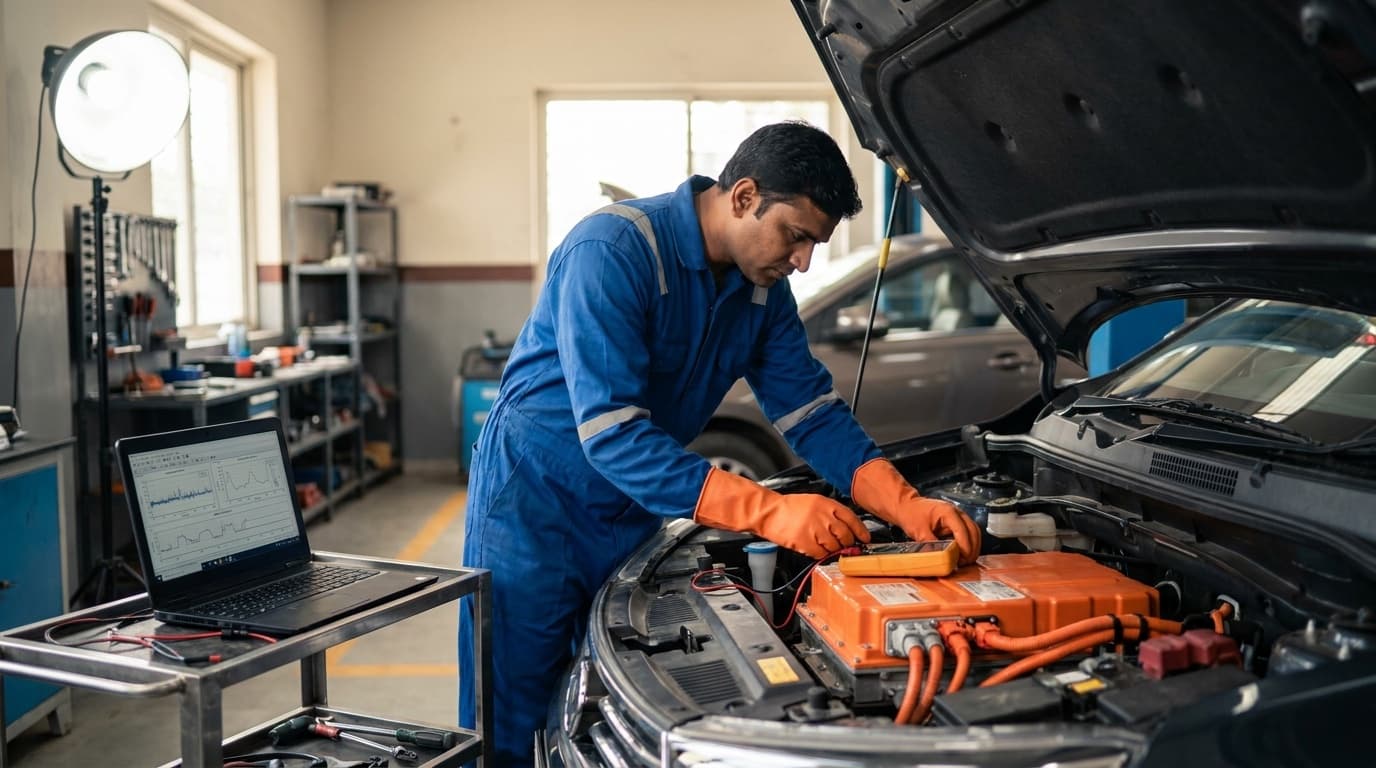 Technician in high-voltage gloves servicing an EV battery pack