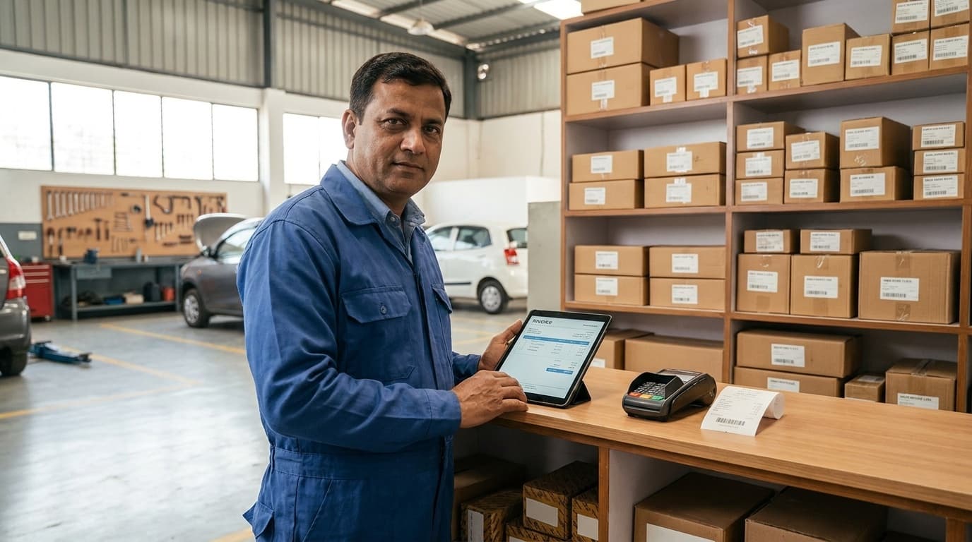 Workshop owner billing a customer at the spare-parts counter