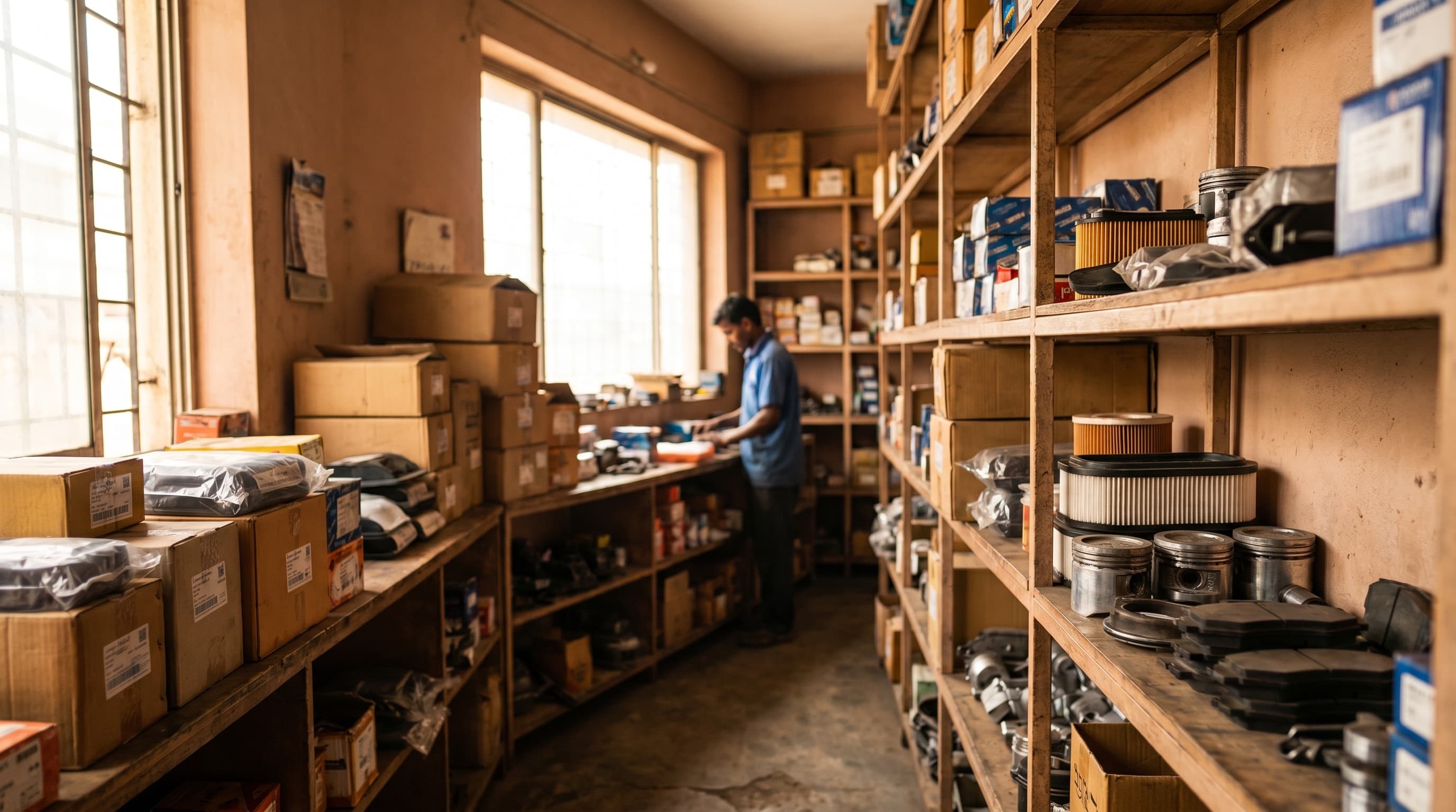 Organised spares and inventory shelves in a workshop