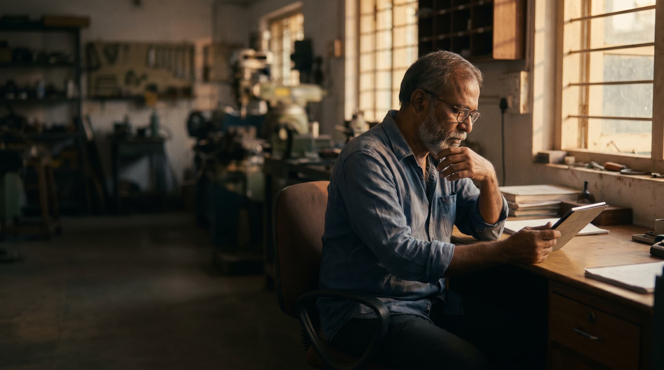 Workshop owner reading industry news on a tablet