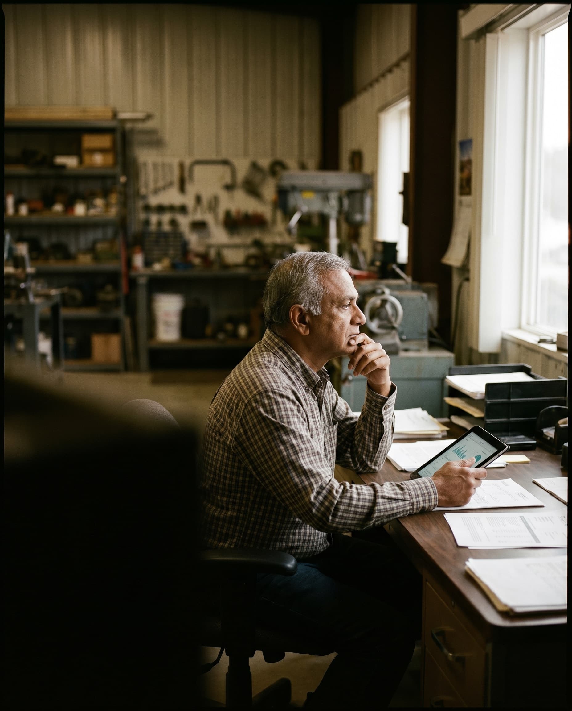 Workshop owner reading industry news on a tablet