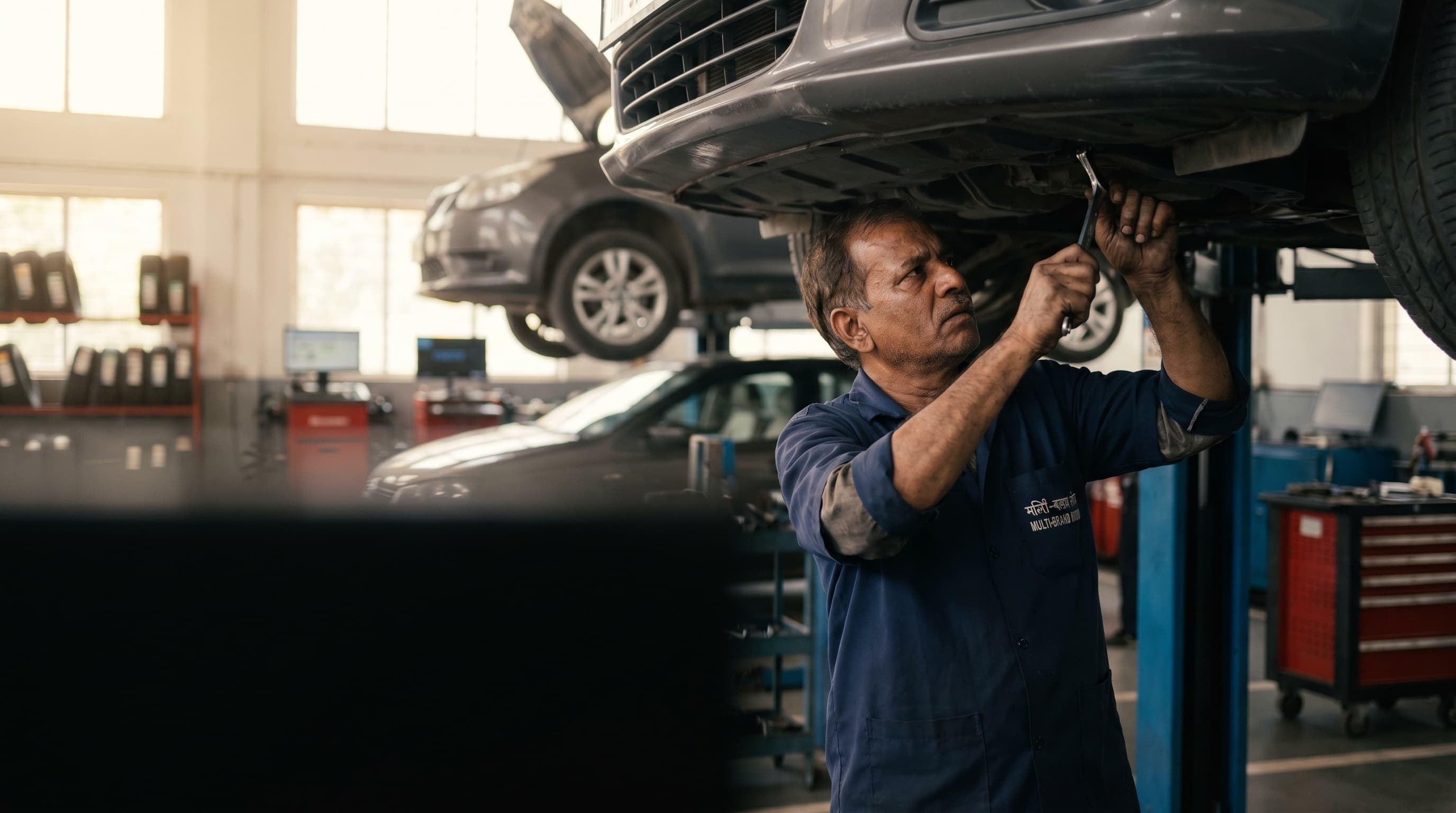 Technician at work inside a modern Indian multi-brand car workshop