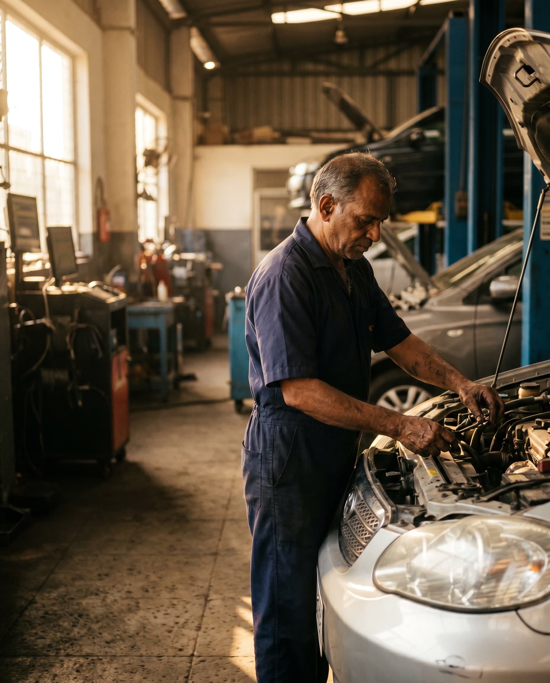 Technician at work inside a modern Indian multi-brand car workshop
