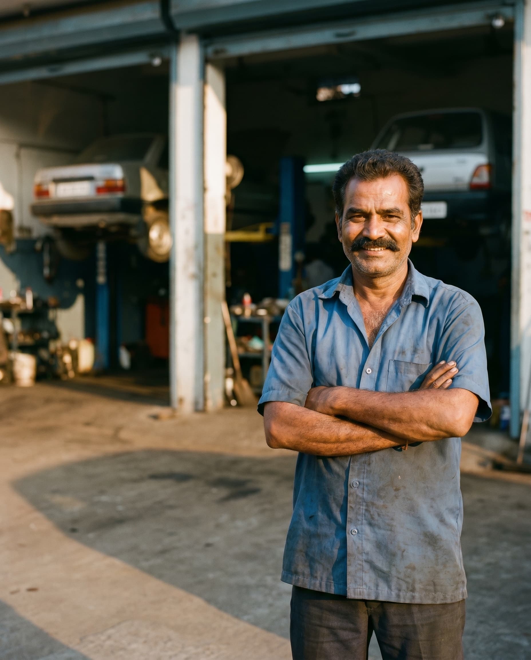 Confident workshop owner standing at the service bay entrance