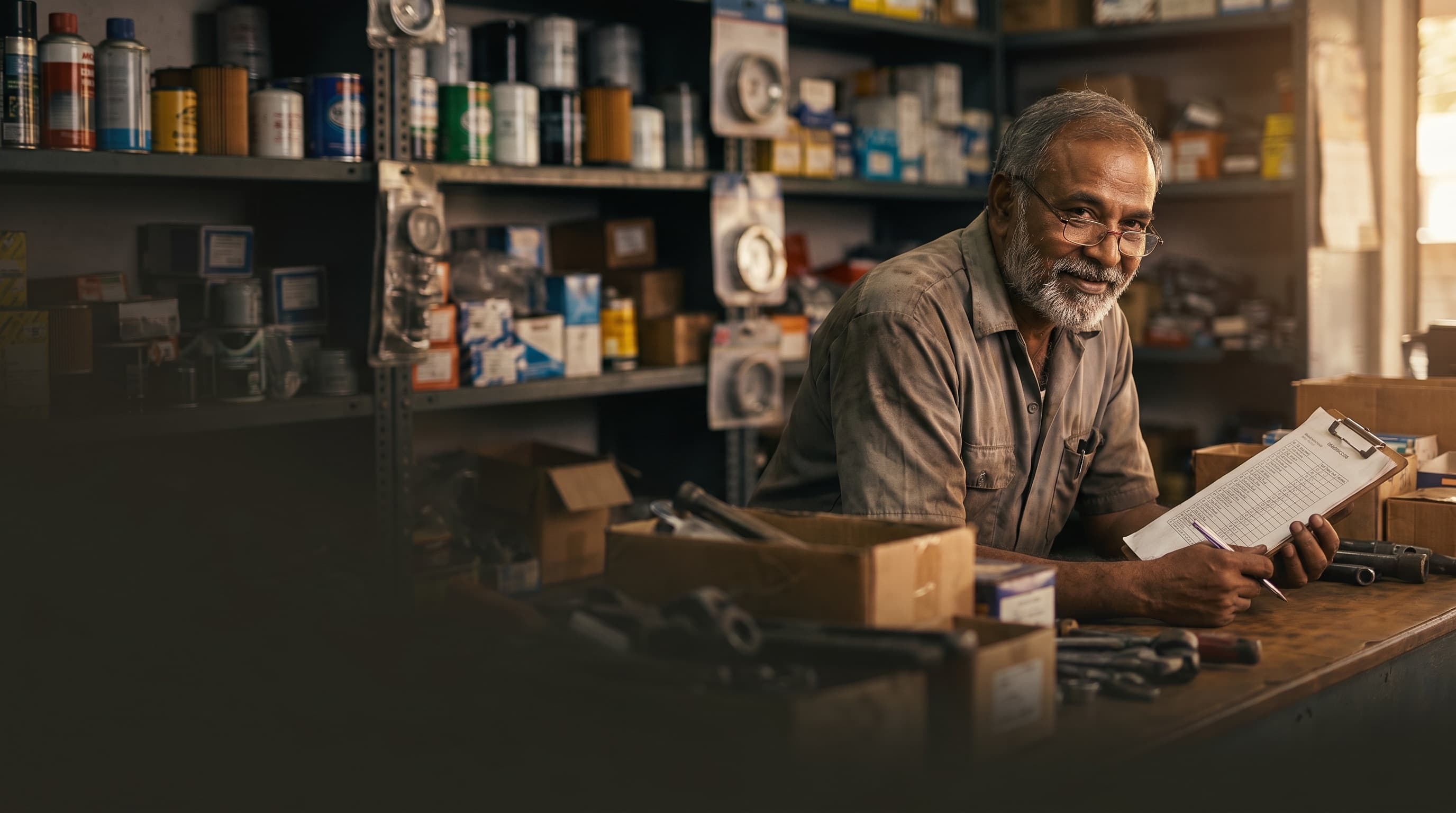 Workshop owner at a well-stocked auto-parts counter