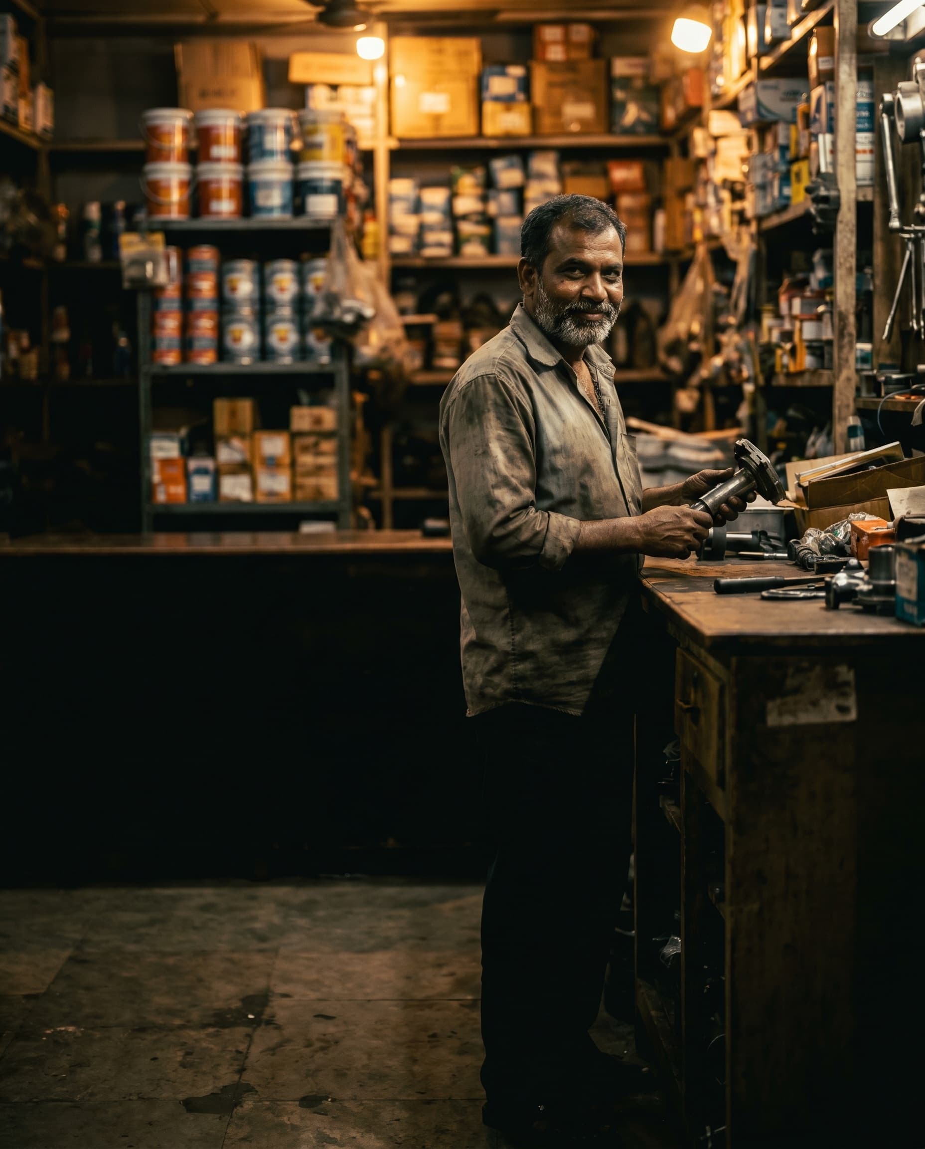 Workshop owner at a well-stocked auto-parts counter