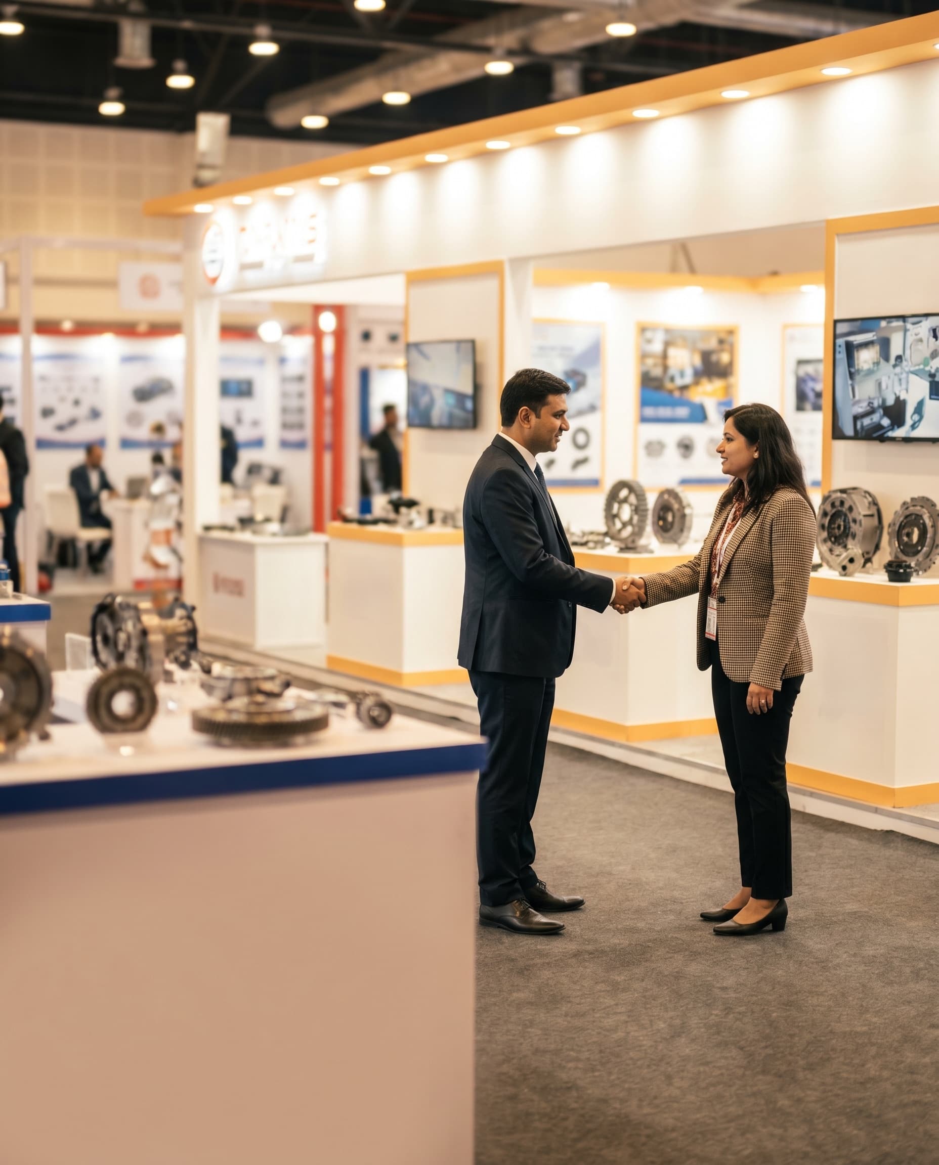 Industry partners shaking hands at an automotive expo