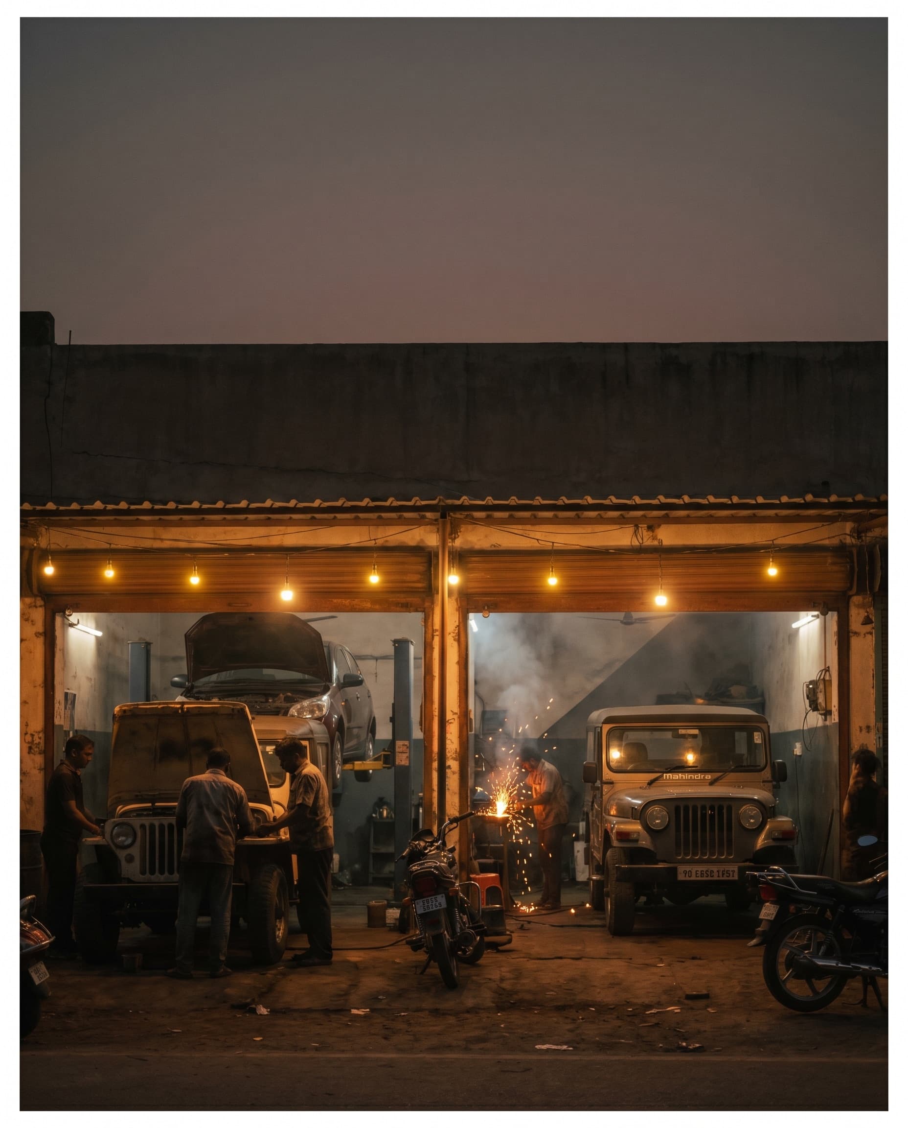 Wide view of a busy independent workshop at dusk